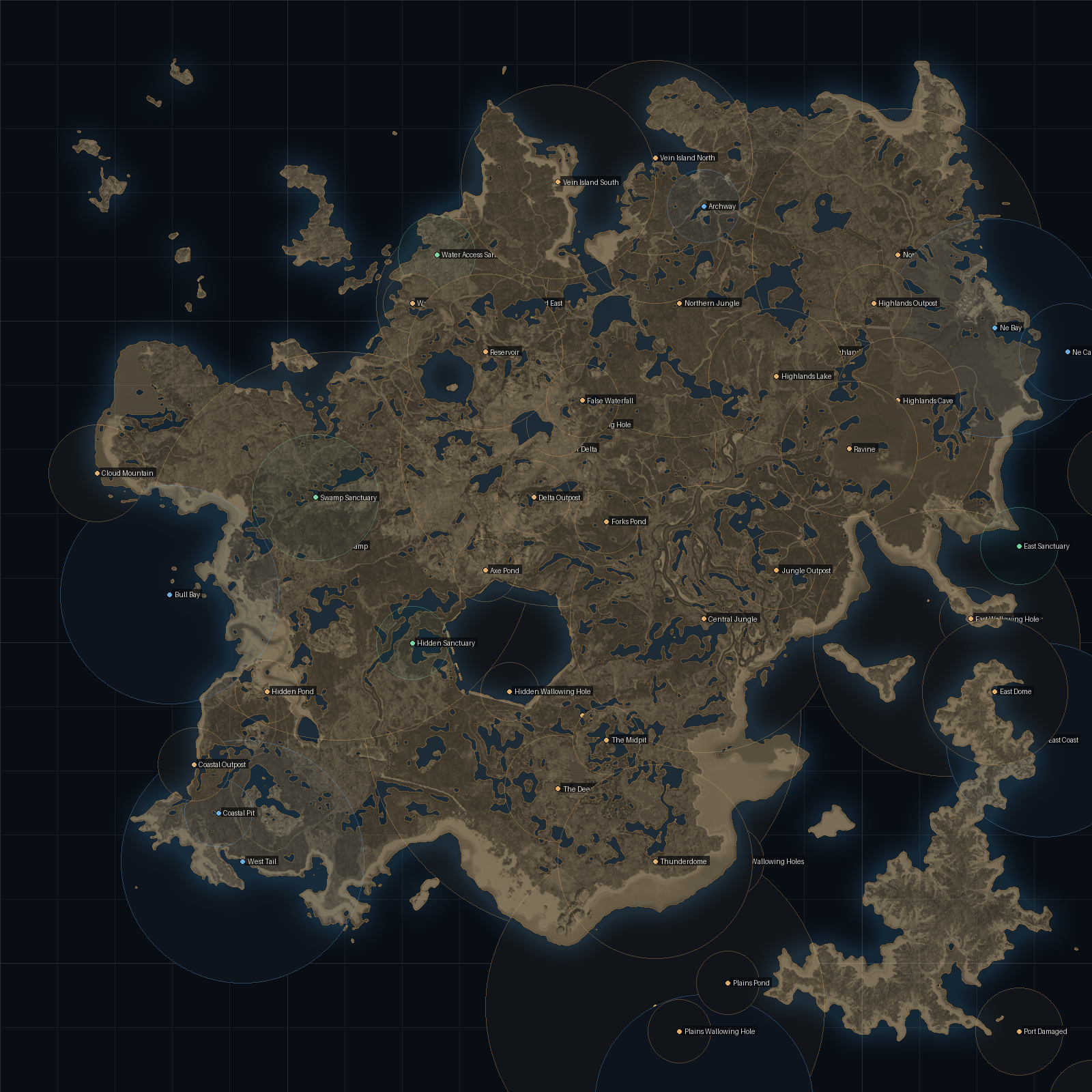 The Gateway: terrain, coastline, one-mile chunk grid and surveyed territories